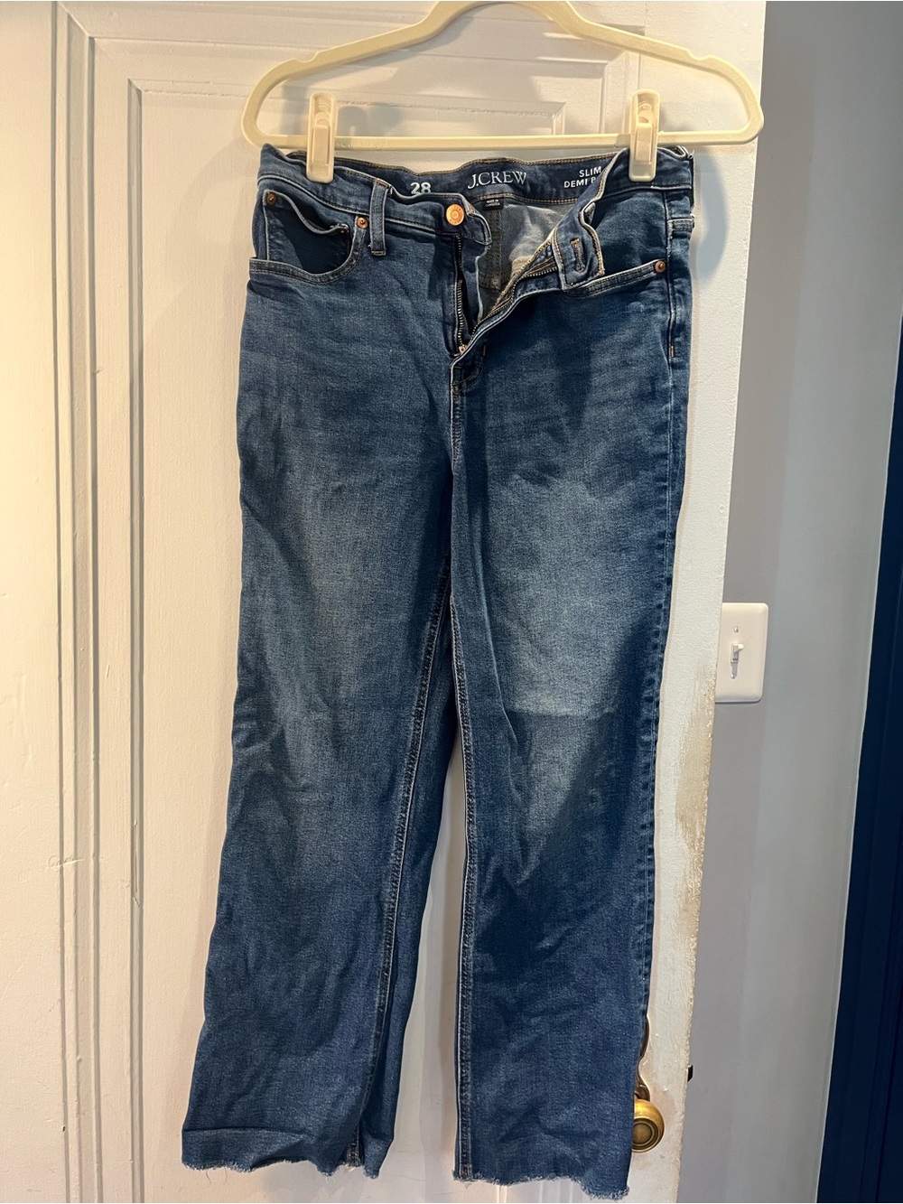 J. Crew Slim Demi Boot Jeans in Dark Blue Wash w Whiskered Hem - 28